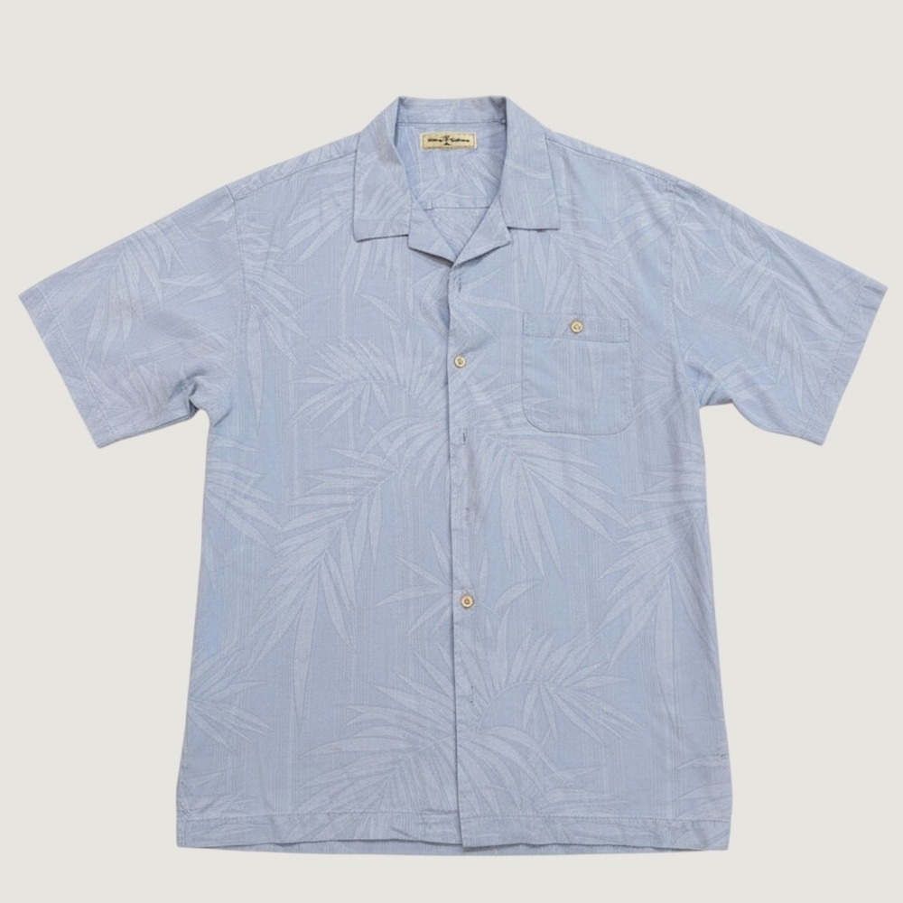 Tommy Bahama Shirt Mens XL Silk Cotton Palm Leaf Jacquard Camp Button Down Blue